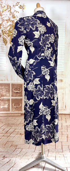 Navy Blue And White 1940s Day Dress With Large Floral Print