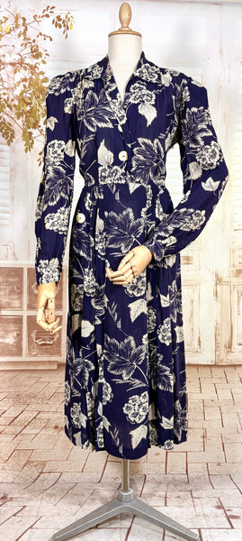 Navy Blue And White 1940s Day Dress With Large Floral Print