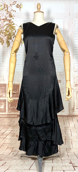 Exquisite Black Late 1920s / Early 1930s Silk Satin Evening Dress With Ruffle Details