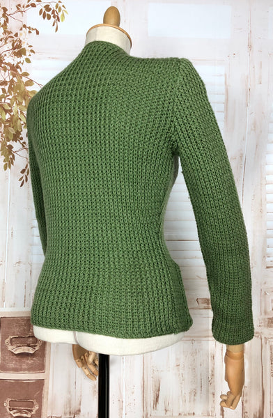 Exquisite Original 1940s Vintage Green Knit Cardigan By Cronies