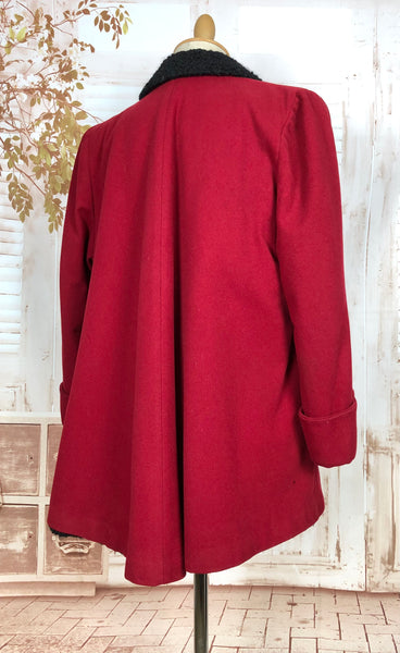 1940s Red Wool Swing Coat by Worth of Boston with Astrakhan Lining