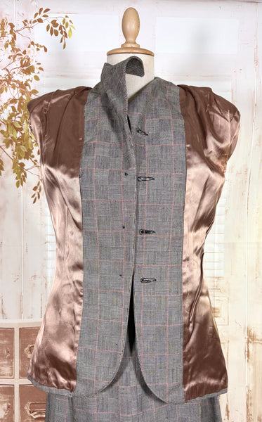 1940s Grey Checked Skirt Suit with Pink Overcheck & Button Detail