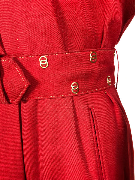 Exceptional Original 1940s Lipstick Red Coat By Gleneagles With Gold Studded Belt