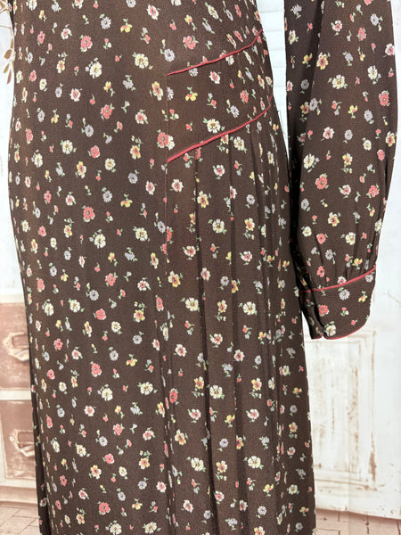 1930s Chocolate Brown Floral Crepe Dress with Pointed Cuffs