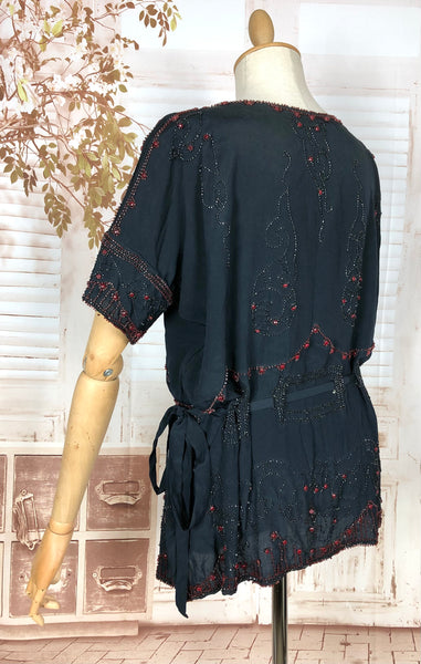 Exceptionally Rare Original 1920s Volup Navy Blue Flapper Blouse With Red Beading By French Couturier Adair House Of France