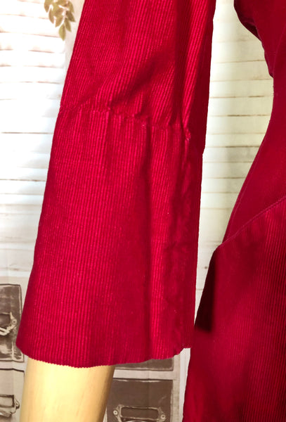 Amazing Lipstick Red 1940s Corduroy Zip Front Dress