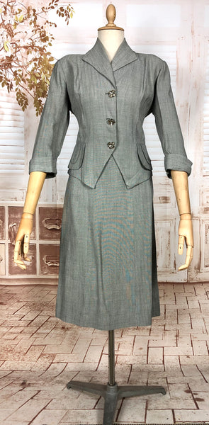 Stunning Grey 1940s Vintage Herringbone Skirt Suit With Statement Pockets By Cay Artley