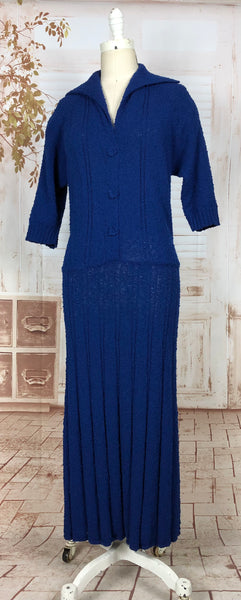 Wonderful Original 1940s Volup Vintage Electric Blue Nubby Boucle Knit Dress