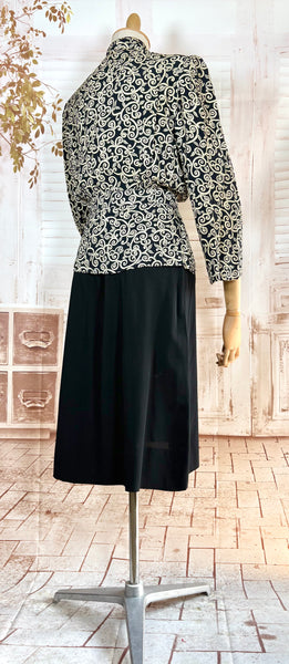 1940s Dress Suit – Scroll Print Jacket with Red Shoulder Stripe Dress