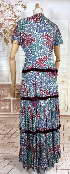Late 1930s / Early 1940s Tiered Floral Day Dress with Velvet Trim