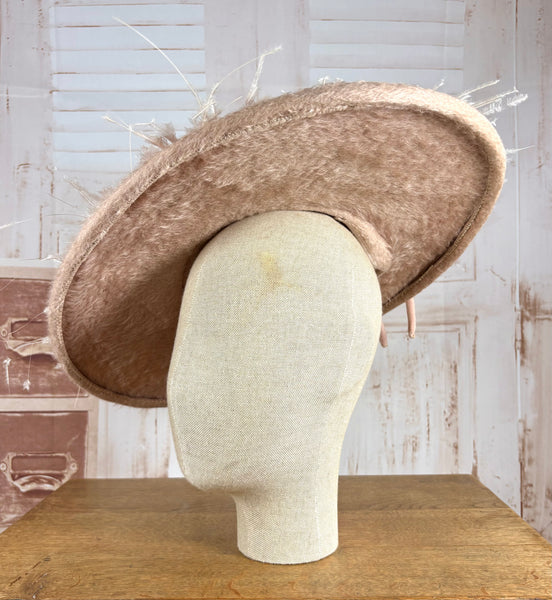 Huge Pale Pink Early 1950s Platter Hat With Feather Trim