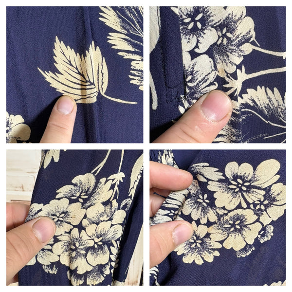 Navy Blue And White 1940s Day Dress With Large Floral Print