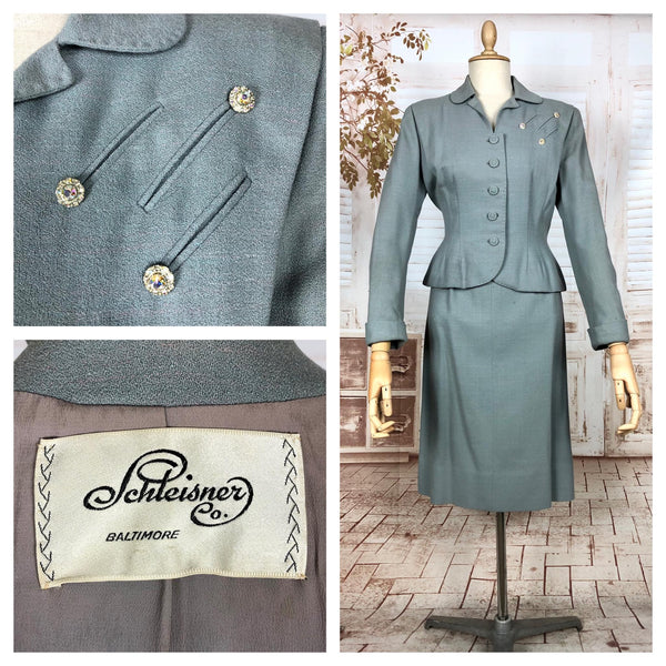 Stunning Original 1940s Vintage Steel Blue Grey Skirt Suit