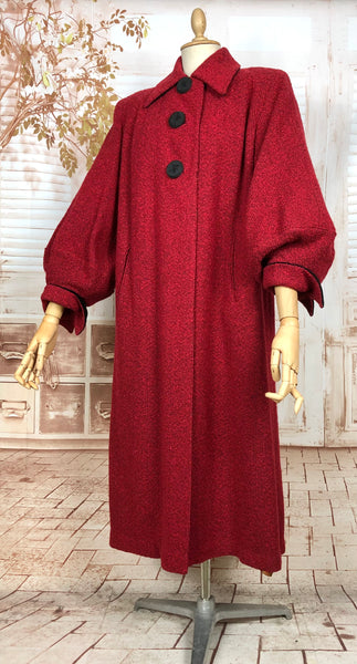 Exquisite Volup Lipstick Red 1940s Boucle Swing Coat With Huge Bishop Sleeves