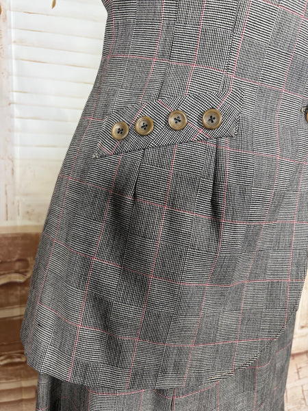 1940s Grey Checked Skirt Suit with Pink Overcheck & Button Detail