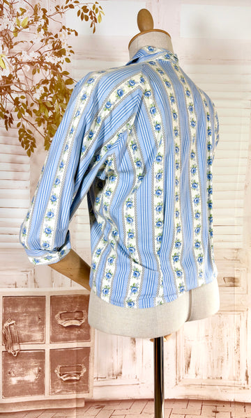 1950s Blue Floral Stripe Cotton Jacket Blouse