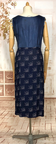 Fabulous Original Late 1930s Volup Vintage Navy Blue And White Abstract Print Dress And Jacket Set