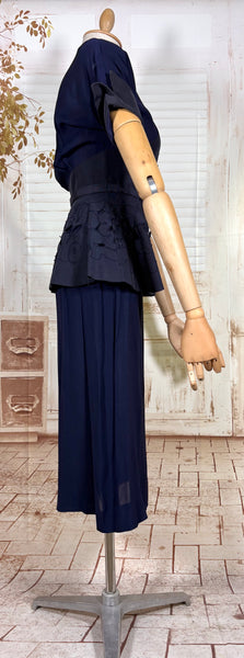 Exceptional 1940s Navy Blue Summer Suit With Pierced Peplum