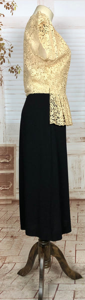 Wonderful Original 1940s Vintage Black And Cream Colour Dress With Lace Bodice