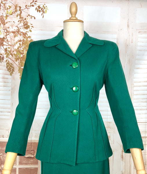 Amazing Original 1940s Vintage Emerald Green Gabardine Skirt Suit