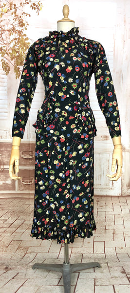 1930s Floral Rayon Crepe Skirt Suit with Ruffled Details