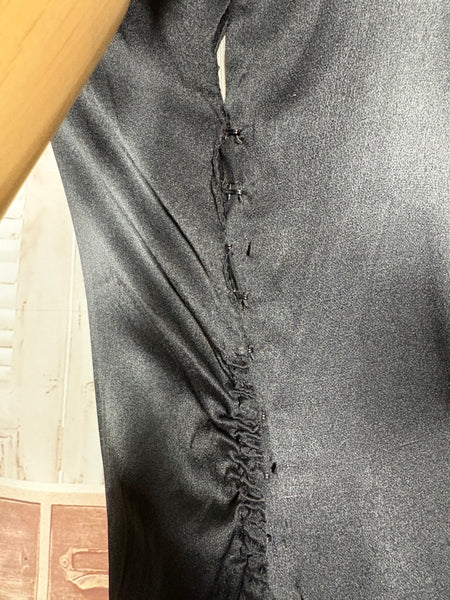 Exquisite Black Late 1920s / Early 1930s Silk Satin Evening Dress With Ruffle Details