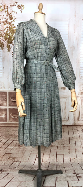 Unusual Late 1930s Vintage Grey Plaid Cold Rayon Dress With Bishop Sleeves