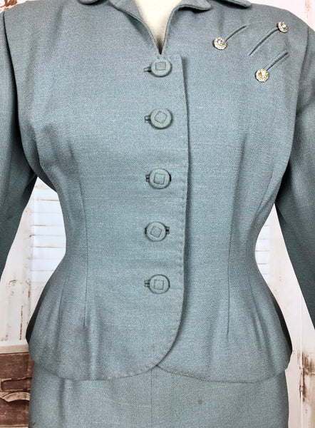 Stunning Original 1940s Vintage Steel Blue Grey Skirt Suit