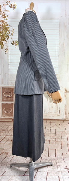 Sharply Tailored 1940s Grey Pinstripe Skirt Suit with Contrast Lapels