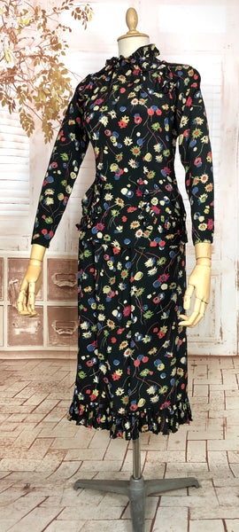 1930s Floral Rayon Crepe Skirt Suit with Ruffled Details