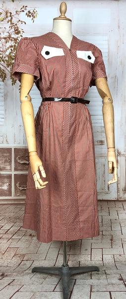 Amazing Original 1940s Volup Vintage Red And White Striped Day Dress By Happy Home Deadstock