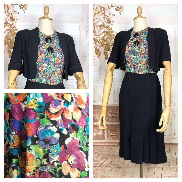 Wonderful Late 1930s / Early 1940s Black And Floral Print Dress With Mock Bolero Jacket