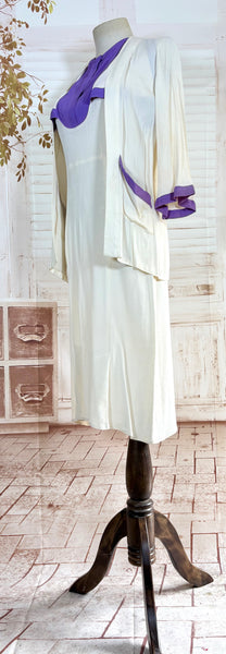 Rare White And Purple Colour Block 1930s Dress And Jacket Set