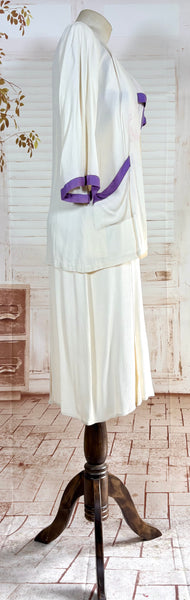 Rare White And Purple Colour Block 1930s Dress And Jacket Set