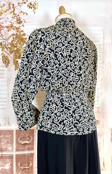 1940s Dress Suit – Scroll Print Jacket with Red Shoulder Stripe Dress