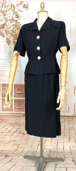 Exquisite Original 1940s Vintage Navy Blue Crepe Skirt Suit With Pin Tucks