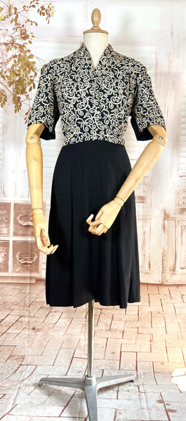 1940s Dress Suit – Scroll Print Jacket with Red Shoulder Stripe Dress