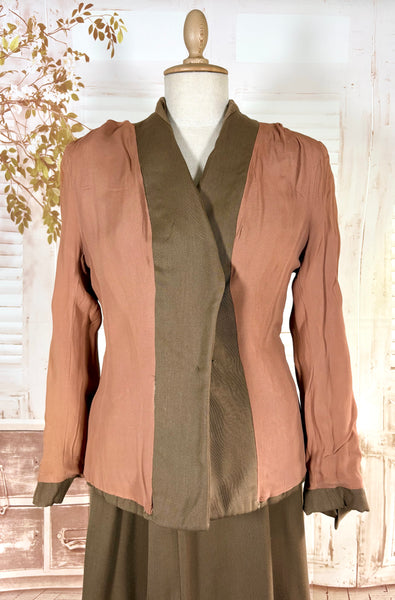 1940s Brown Gabardine Skirt Suit With Pocket Details