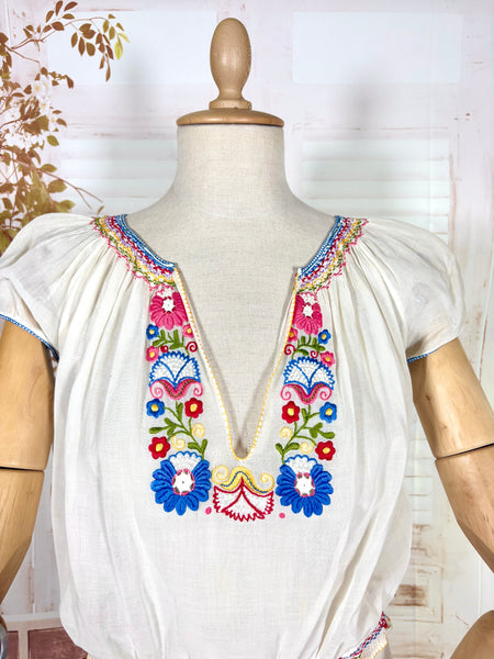 Rare 1930s Hungarian Embroidered Peasant Blouse – Hand Stitched Floral Cotton Top