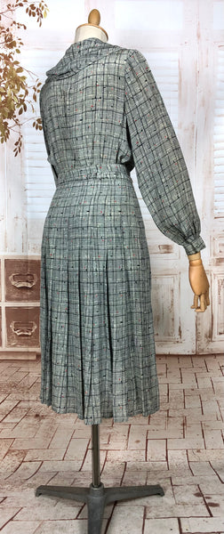 Unusual Late 1930s Vintage Grey Plaid Cold Rayon Dress With Bishop Sleeves