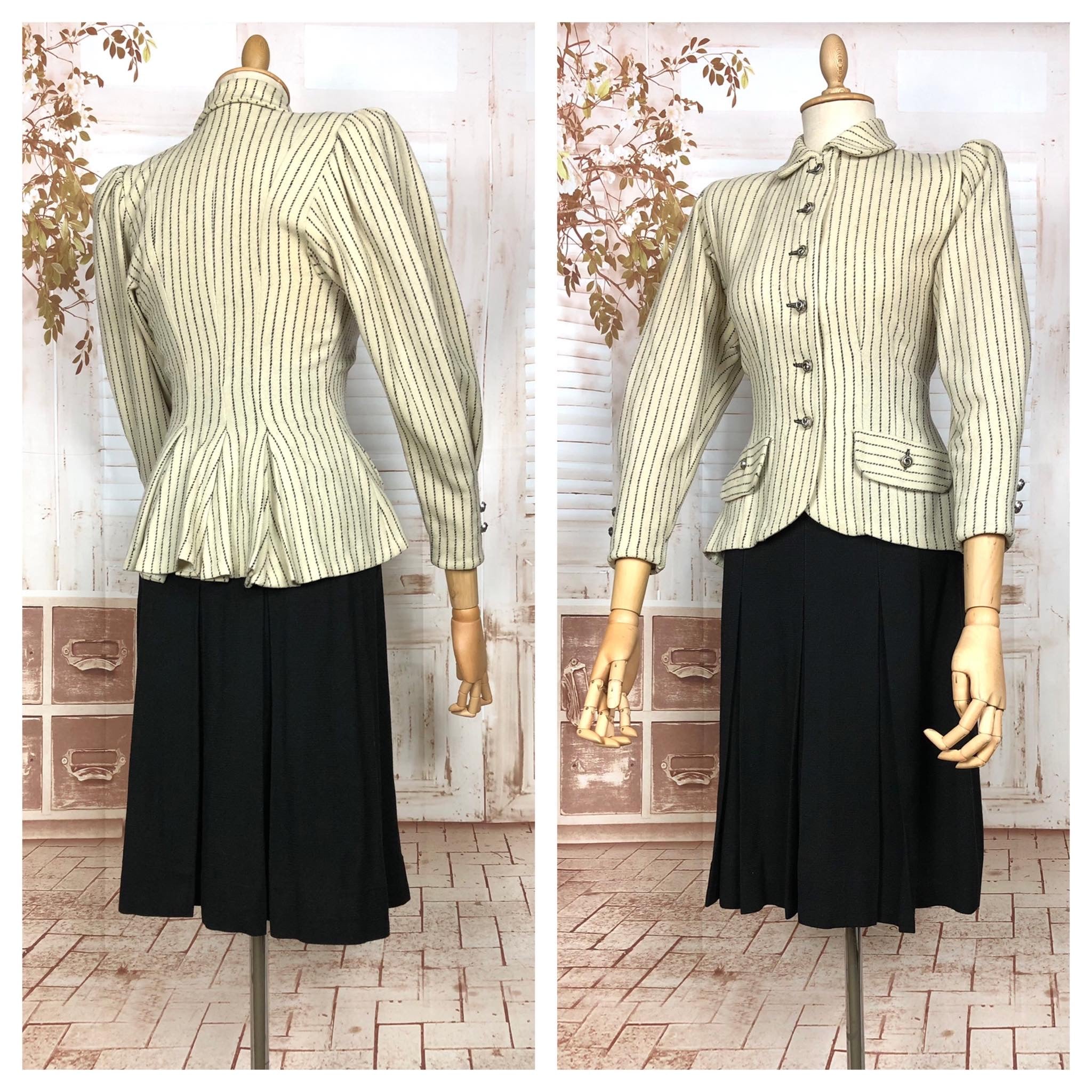 Exceptional Original 1930s Vintage Cream And Black Striped Bustle Back Skirt Suit