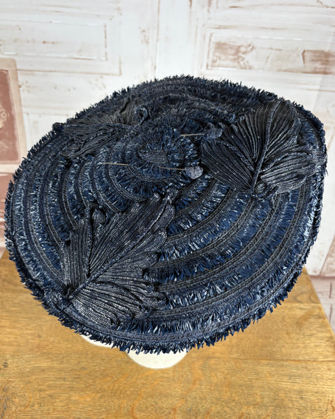 Navy Blue 1940s Straw Percher Hat With Matching Hat Pins
