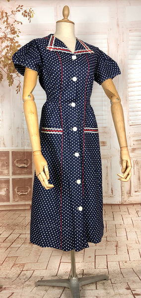 1940s Red White And Blue Spotted Day Dress