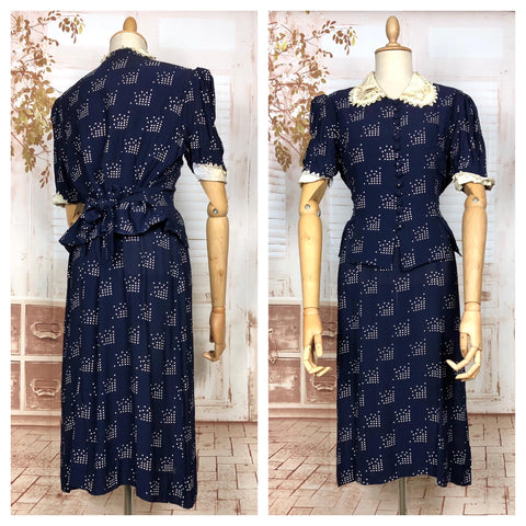 Fabulous Original Late 1930s Volup Vintage Navy Blue And White Abstract Print Dress And Jacket Set