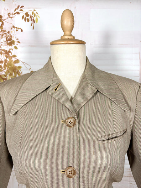 1940s Taupe Pinstripe Wool Skirt Suit – Spearpoint Collar Tailored Jacket
