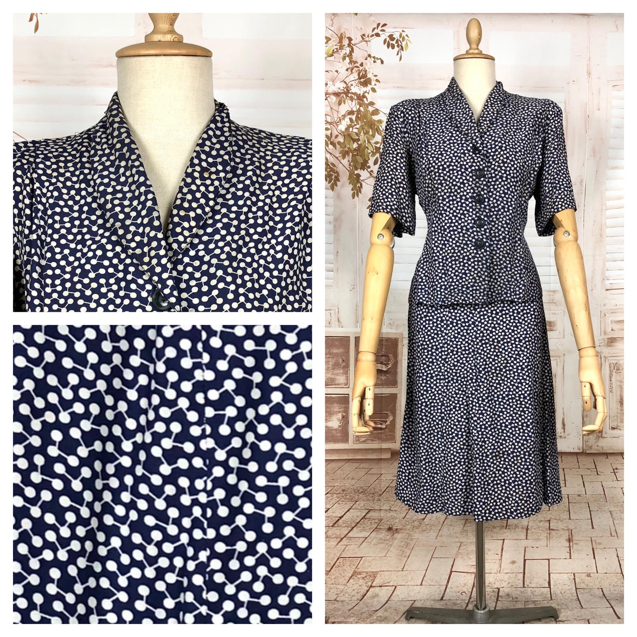 Original Early Late 1940s / Early 1940s Volup Vintage Blue And White Abstract Print Skirt Suit