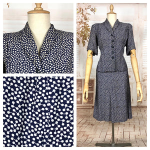 Original Early Late 1940s / Early 1940s Volup Vintage Blue And White Abstract Print Skirt Suit