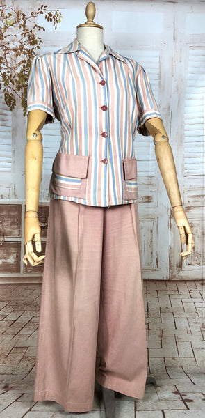 Super Rare Original Late 1930s / Early 1940s Volup Vintage Pink Candy Striped Denim Pant Suit By Edwin Blu Surf