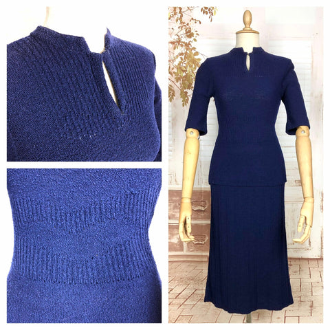 Cozy 1940s Royal Blue Knit Set with Geometric Detailing