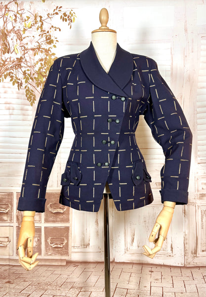 1940s Navy Wool Tailored Jacket – Woven Cream Rope Pattern, Shawl Collar